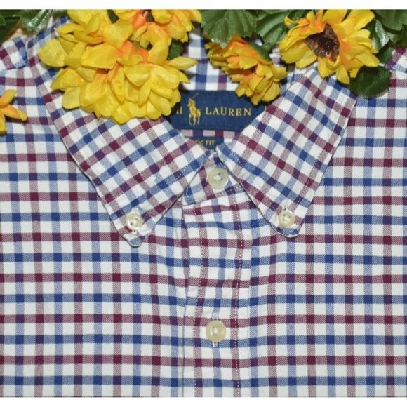 Ralph Lauren Men's Red & Blue Plaid Check Button Front Dress Shirt Size L Cotton - Picture 3 of 9